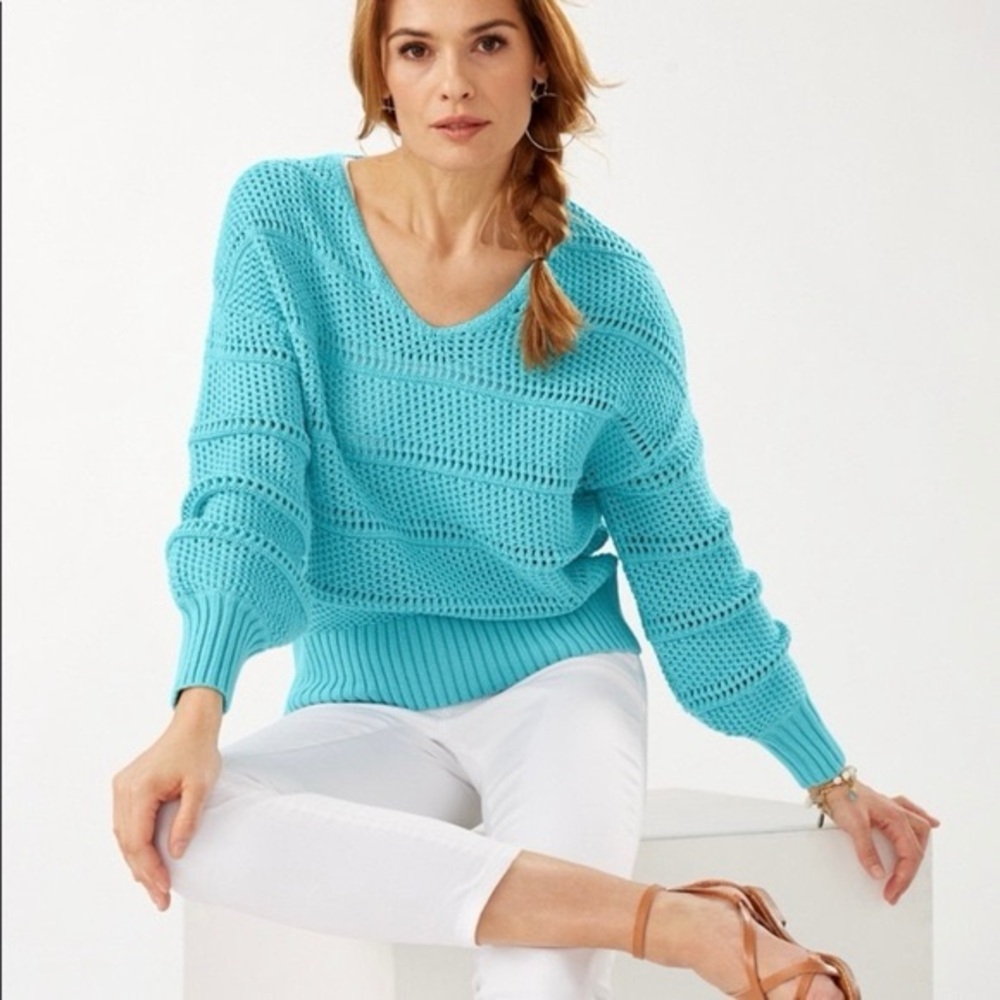 Tommy Bahama Turquoise Open-Knit V-Neck Sweater